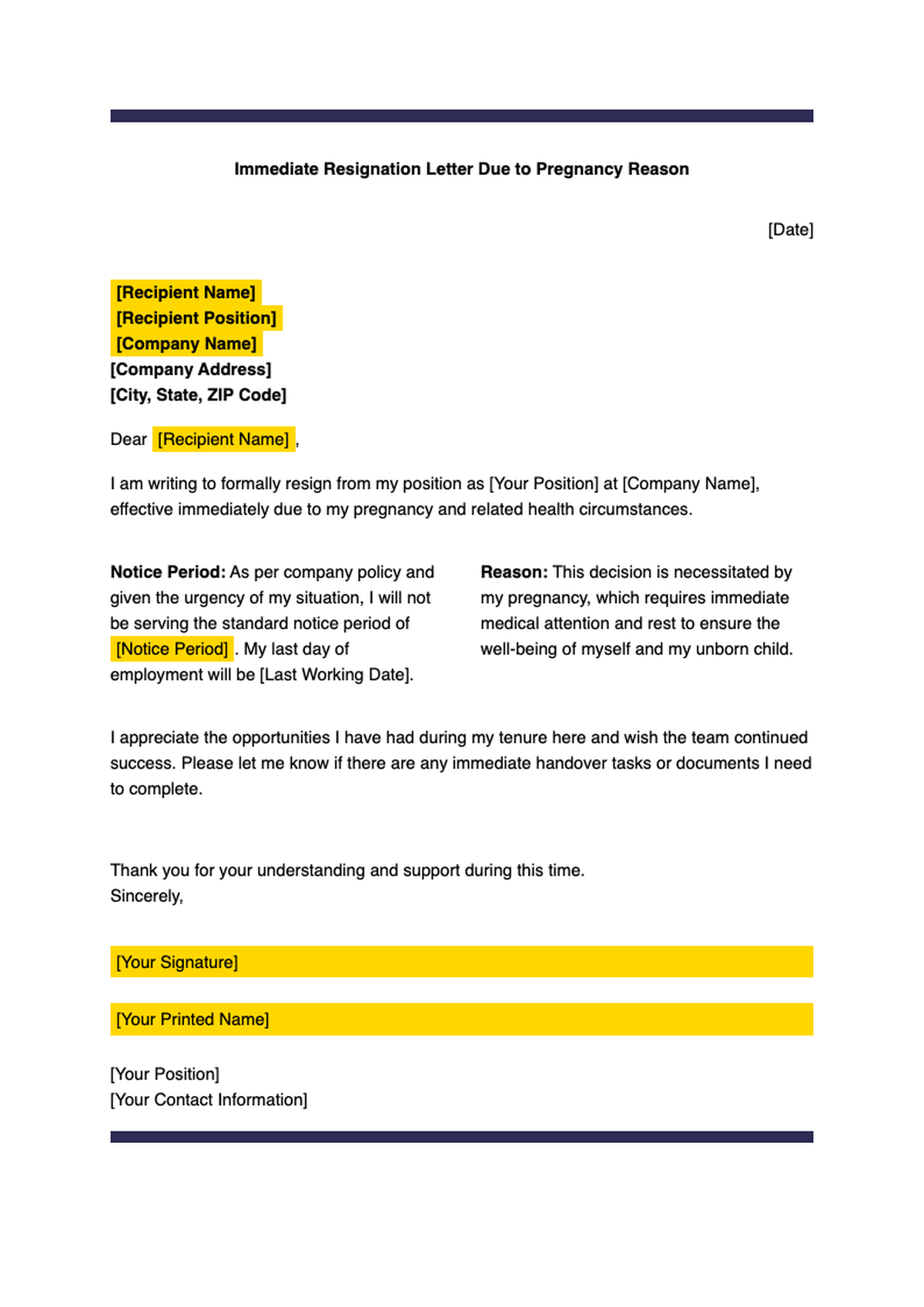 Immediate resignation letter due to pregnancy template with purple accents_variant_3